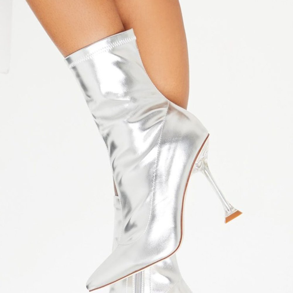 New Silver Cake Stand Clear Heel Sock Booties